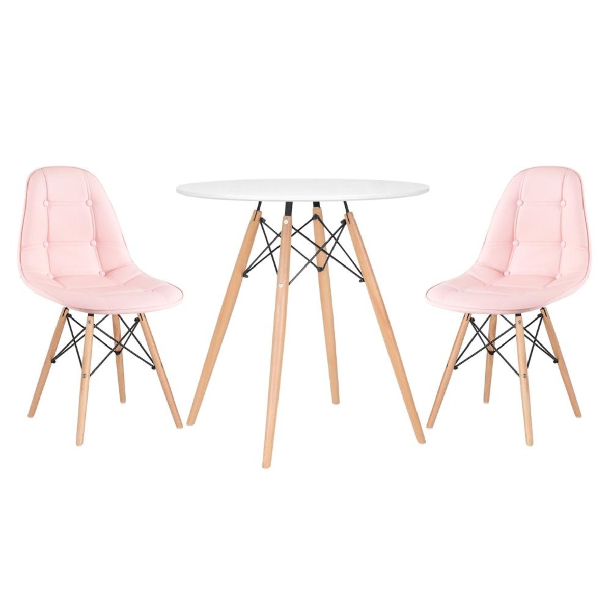 Mesa branco com cadeiras rosa