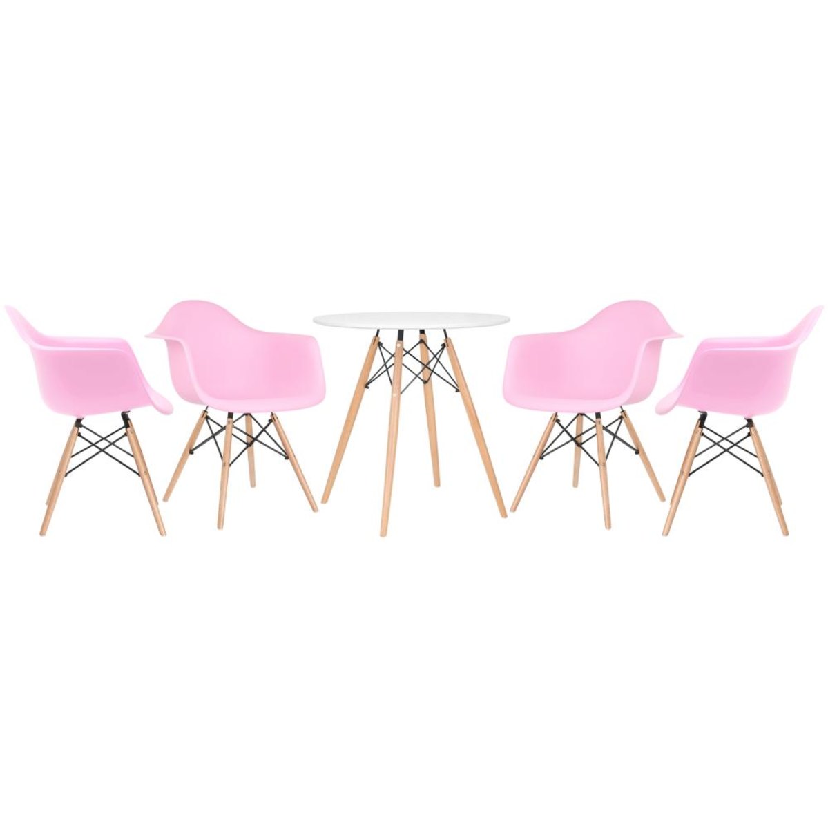 Mesa branco com cadeiras rosa