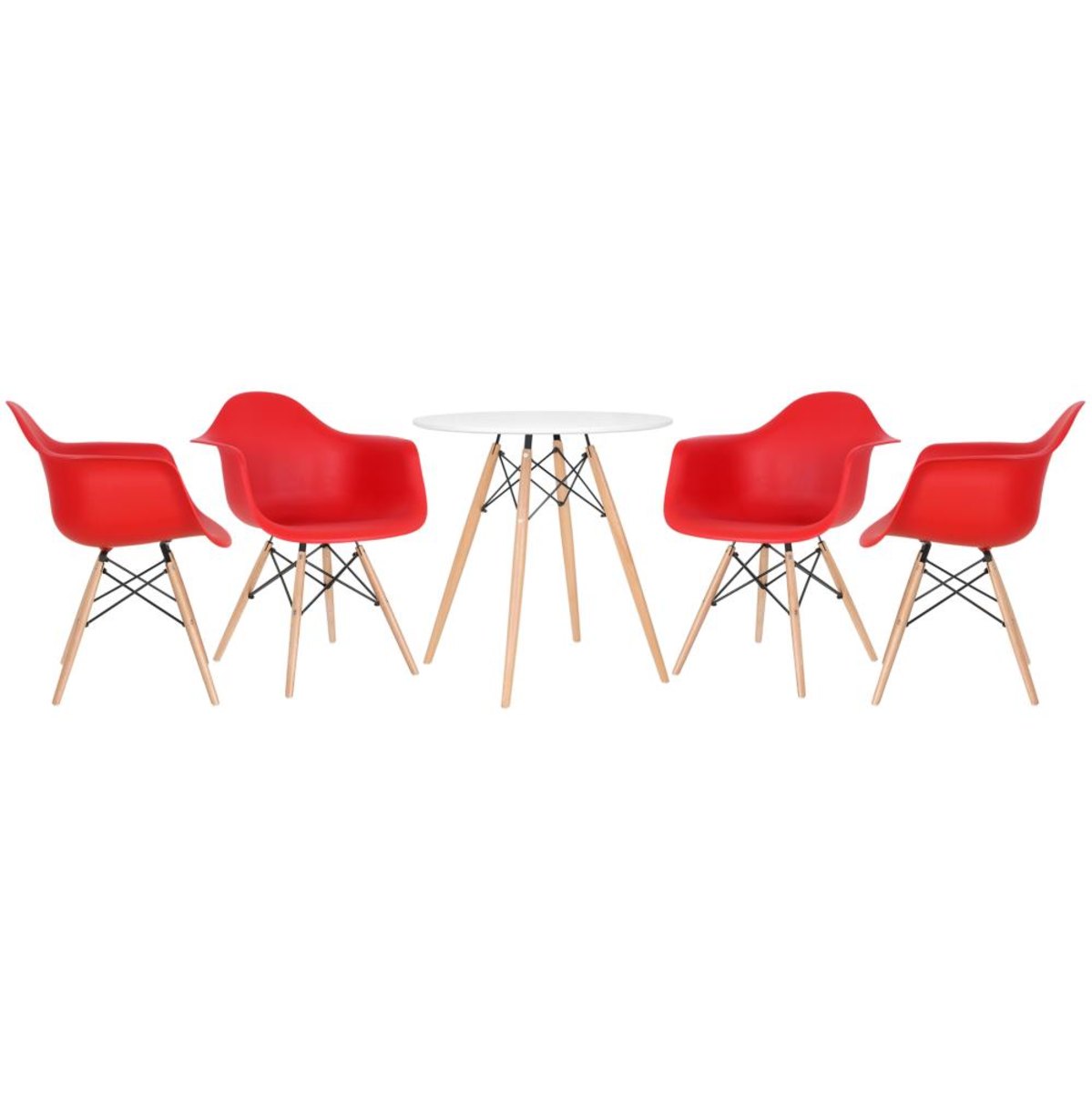 Mesa branco com cadeiras vermelho