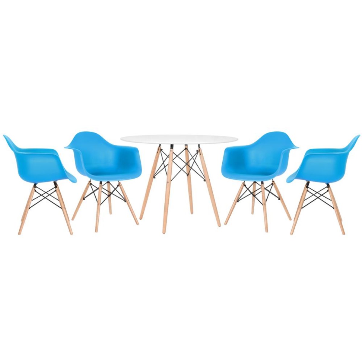 Mesa branco com cadeiras azul céu