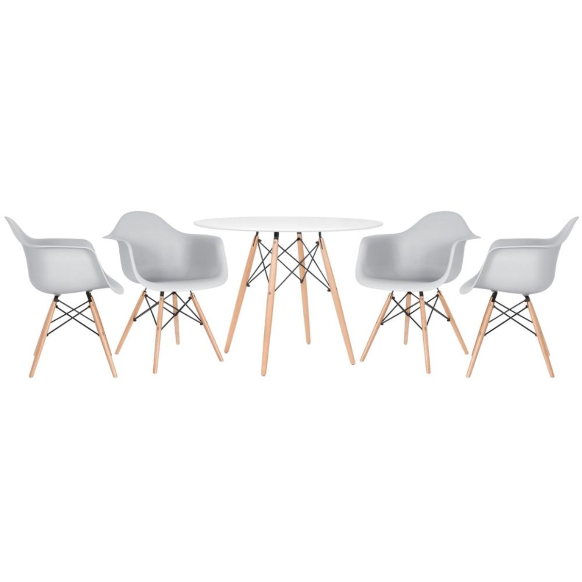 Mesa branco com cadeiras cinza claro