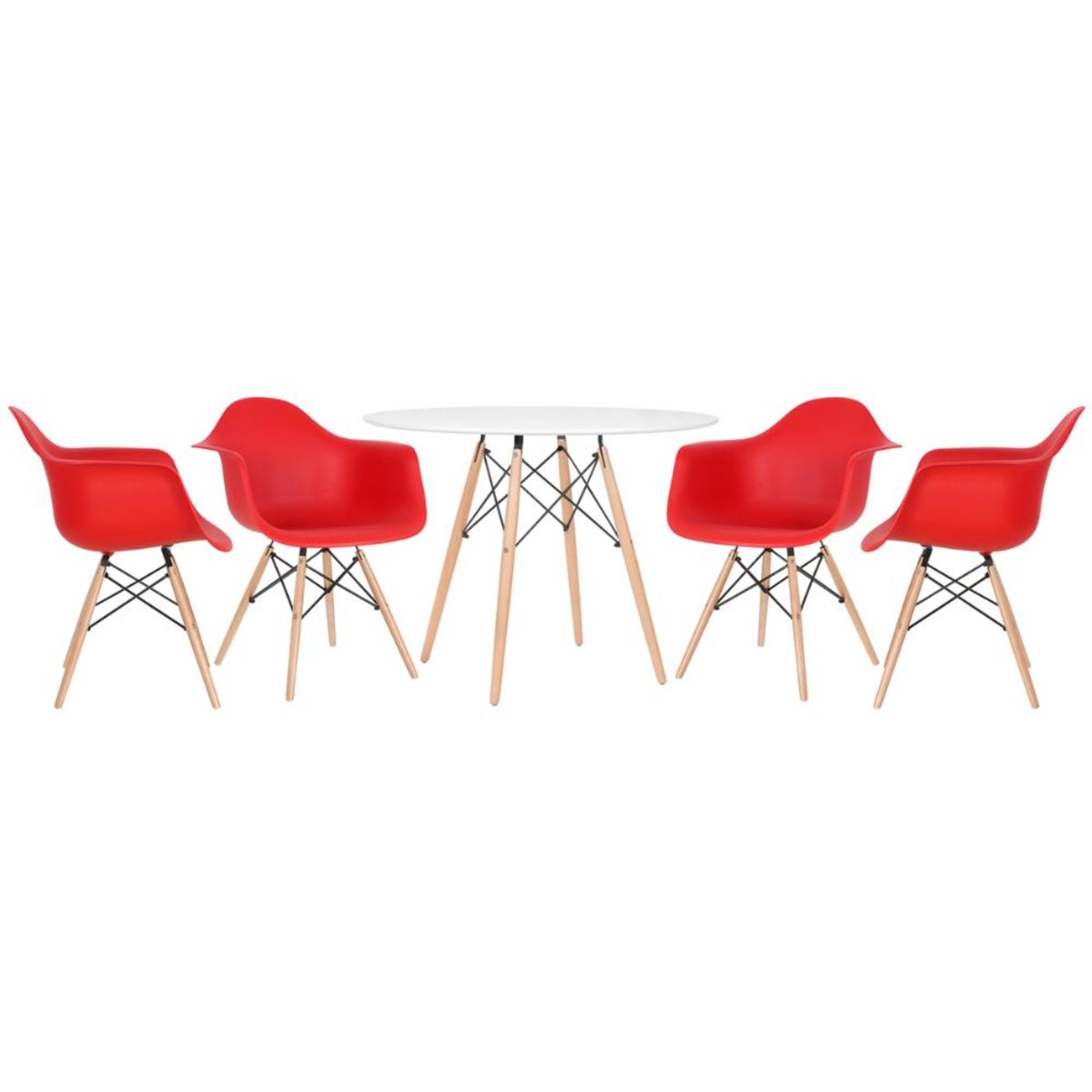 Mesa branco com cadeiras vermelho