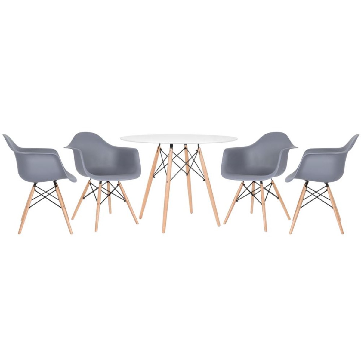 Mesa branco com cadeiras cinza escuro