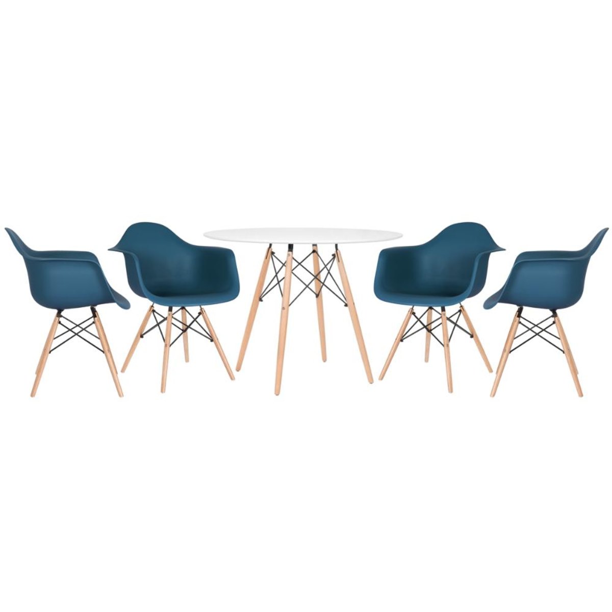 Mesa branco com cadeiras azul petróleo