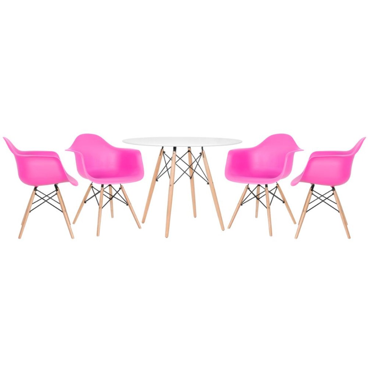 Mesa branco com cadeiras rosa pink
