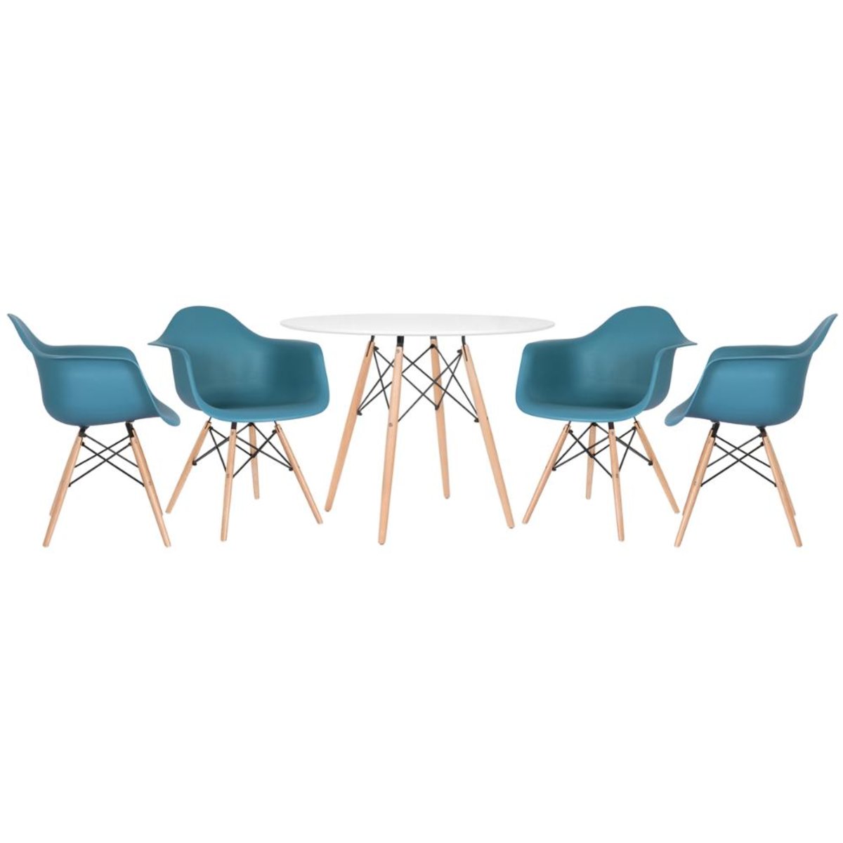 Mesa branco com cadeiras turquesa