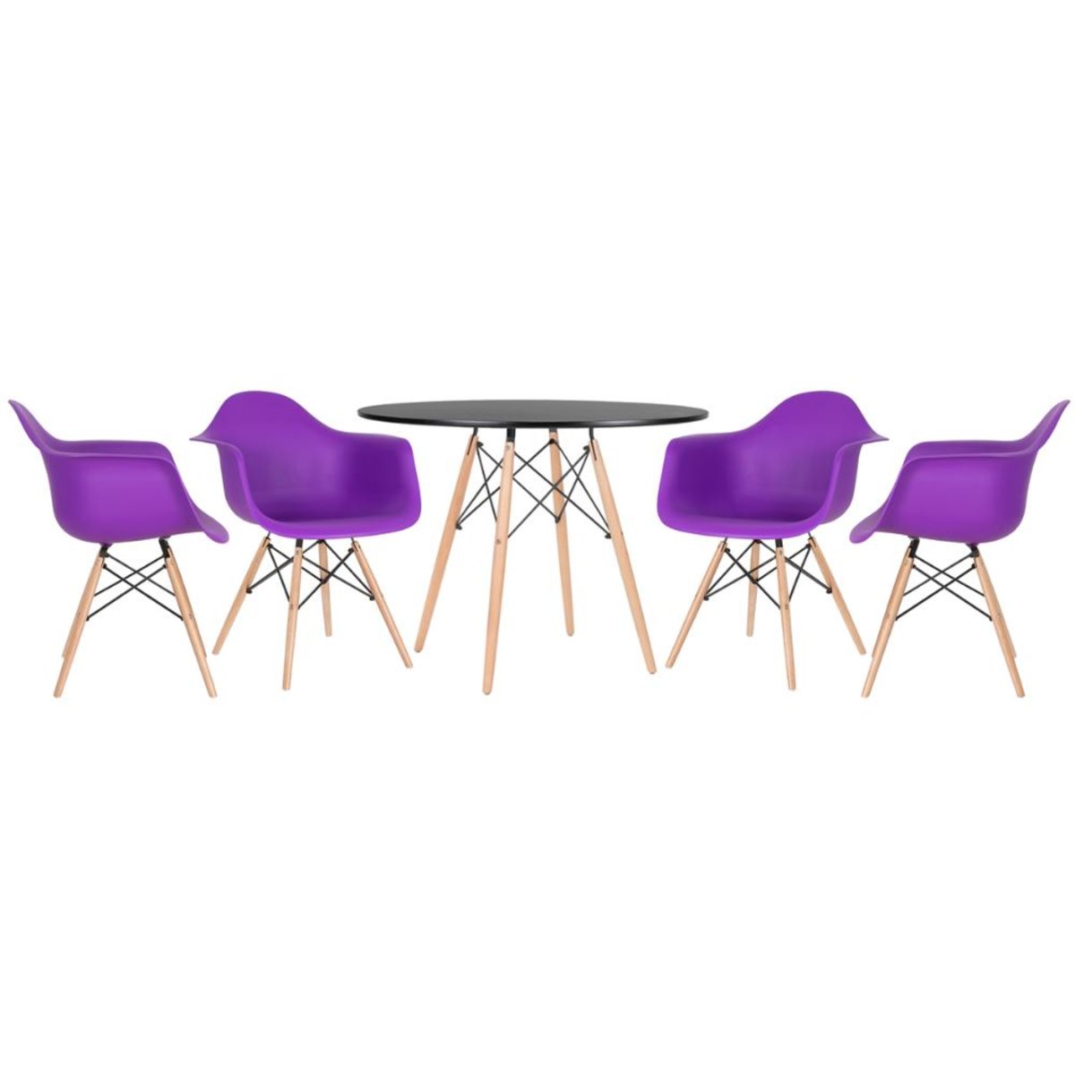 Mesa preto com cadeiras roxo