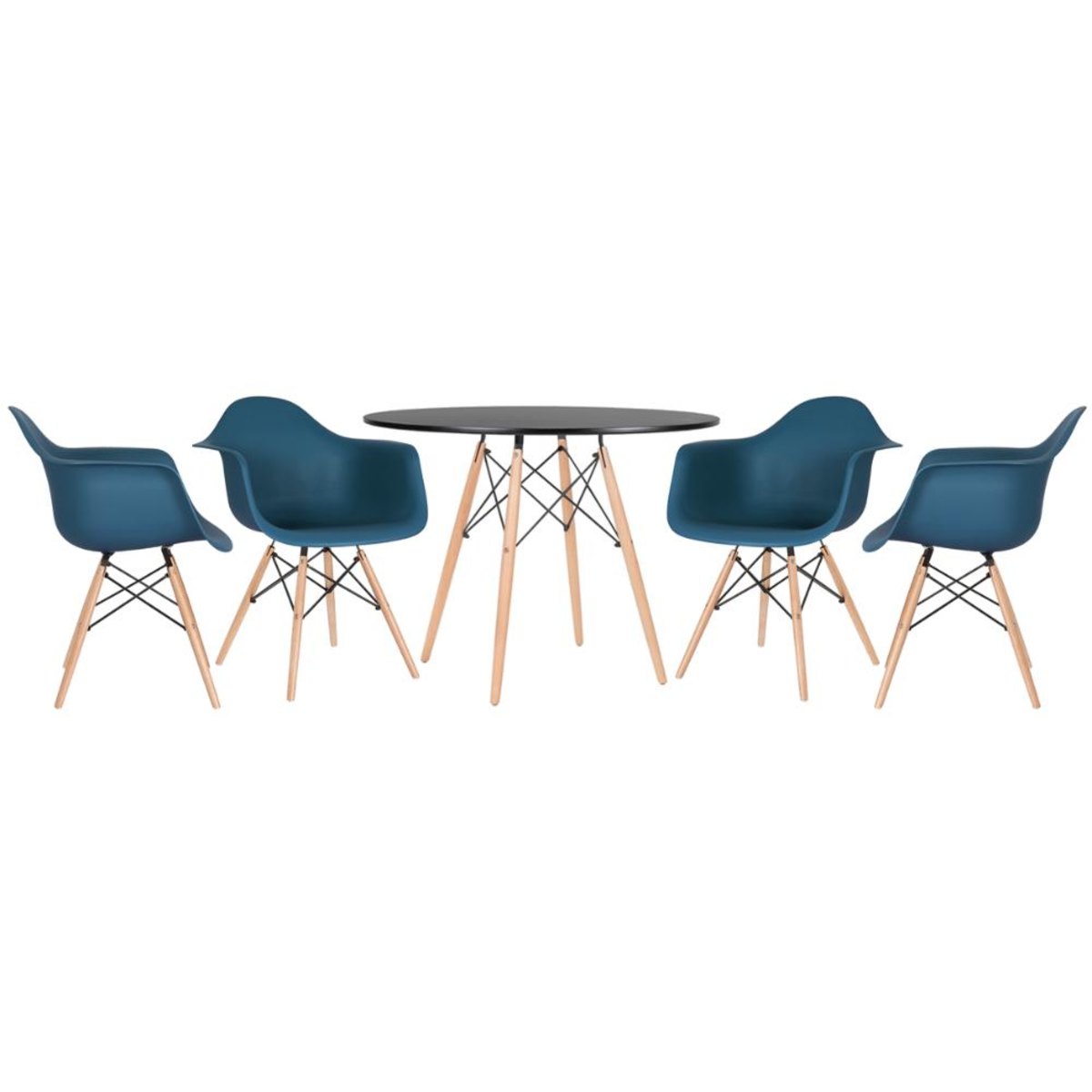 Mesa preto com cadeiras azul petróleo