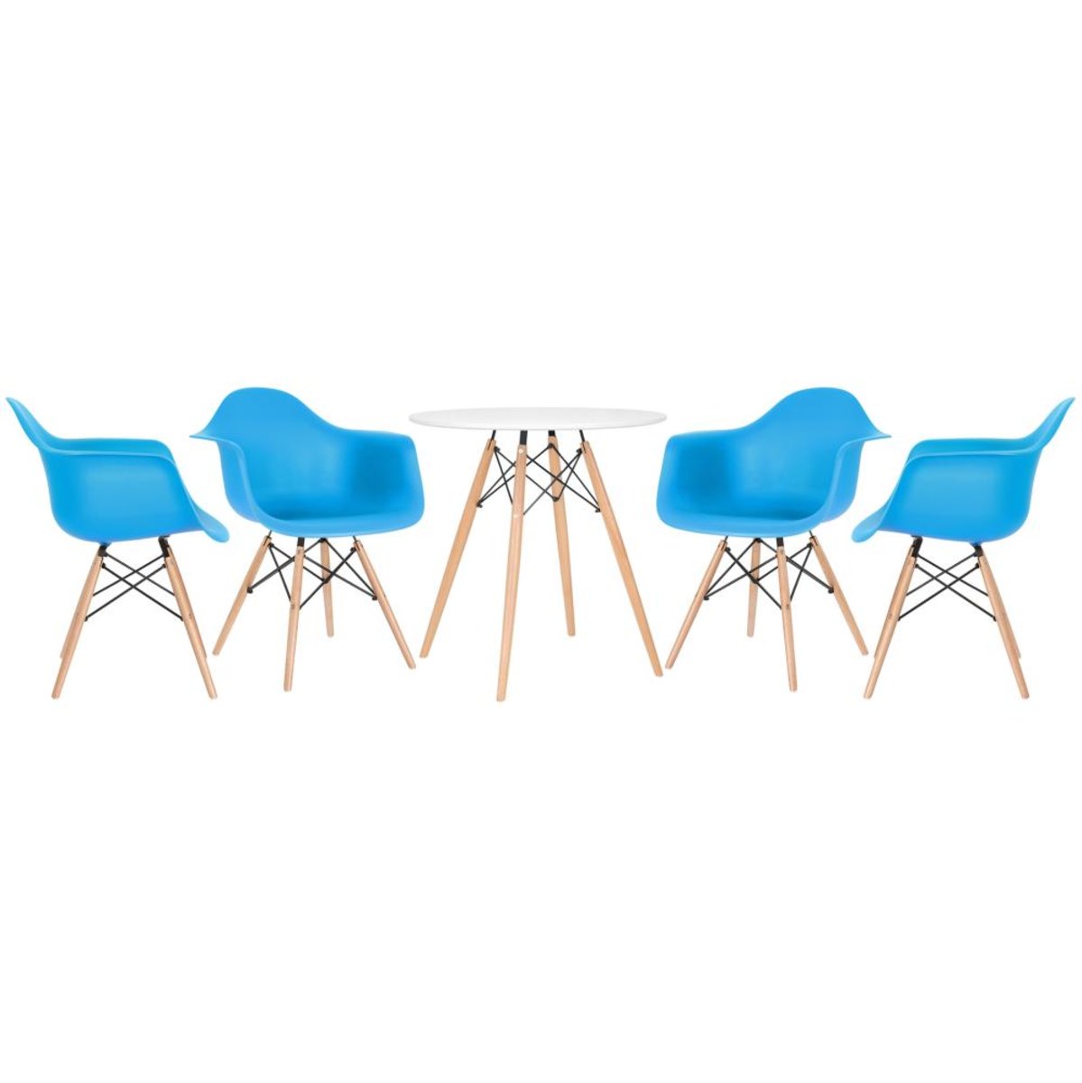 Mesa branco com cadeiras azul céu