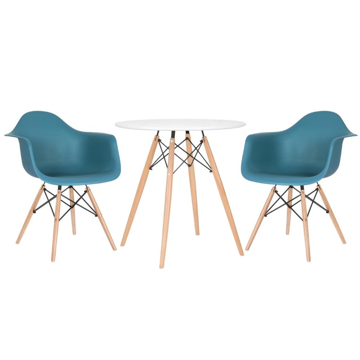 Mesa branco com cadeiras turquesa