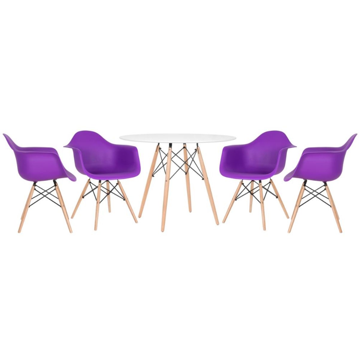 Mesa branco com cadeiras roxo
