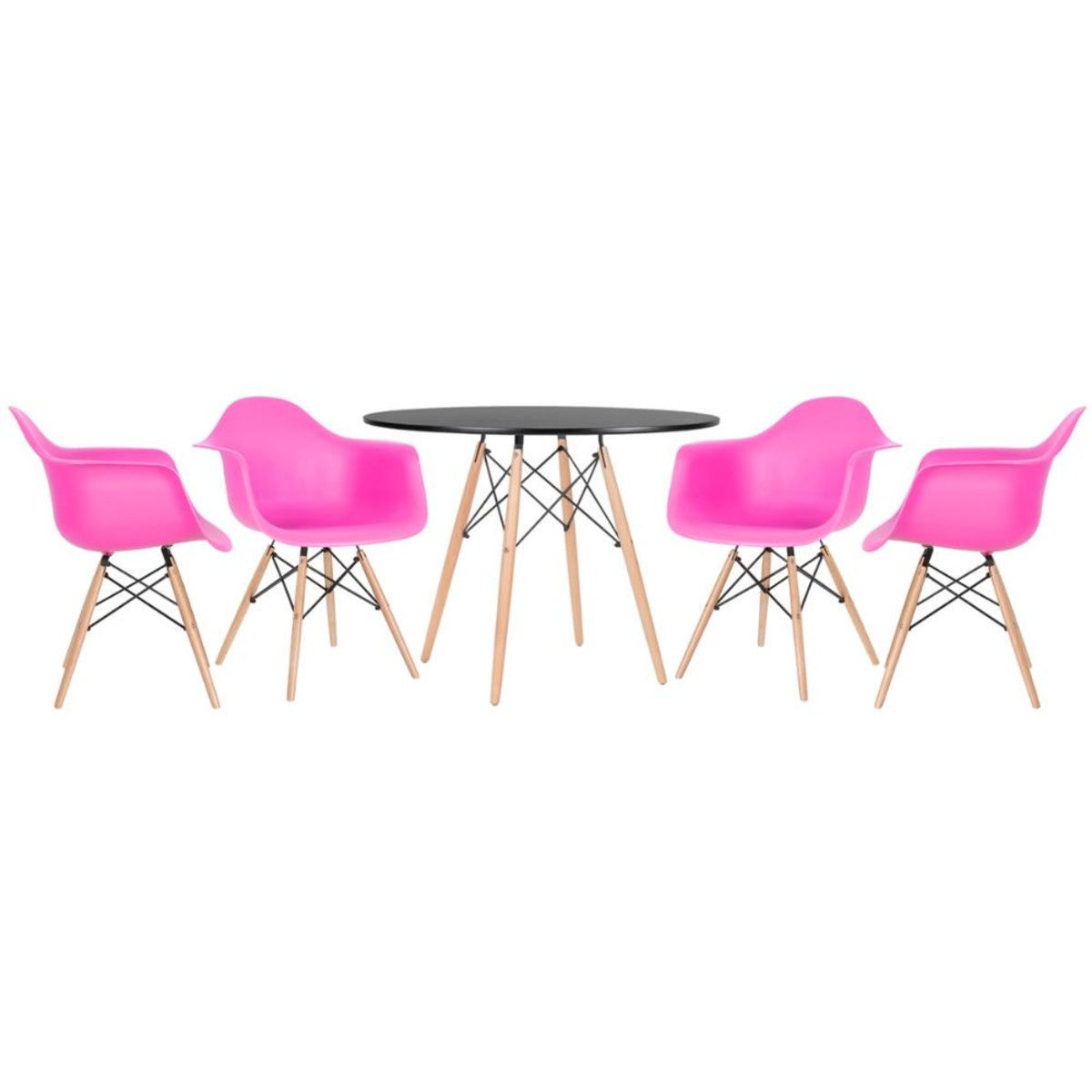 Mesa preto com cadeiras rosa pink