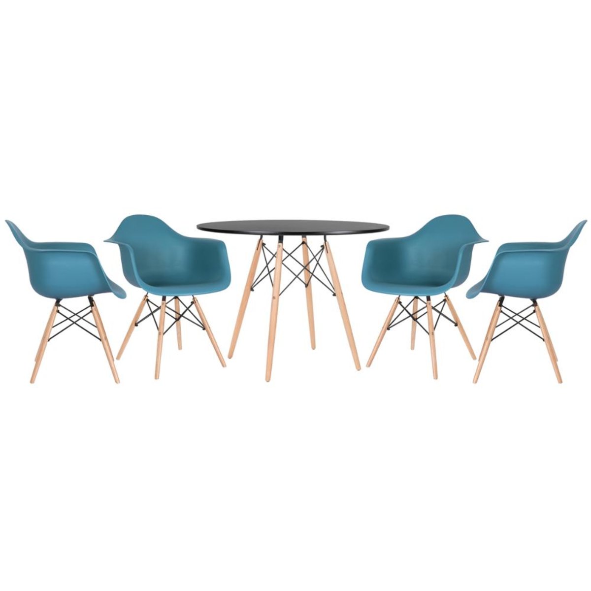Mesa preto com cadeiras turquesa